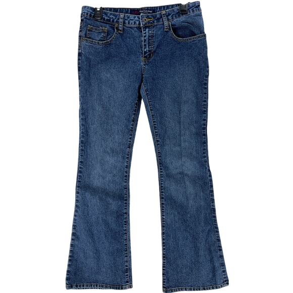 One Tuff Babe Flare Jeans Women Junior Size 9 Dark Blue Denim Mid Rise Stretch - Picture 1 of 5